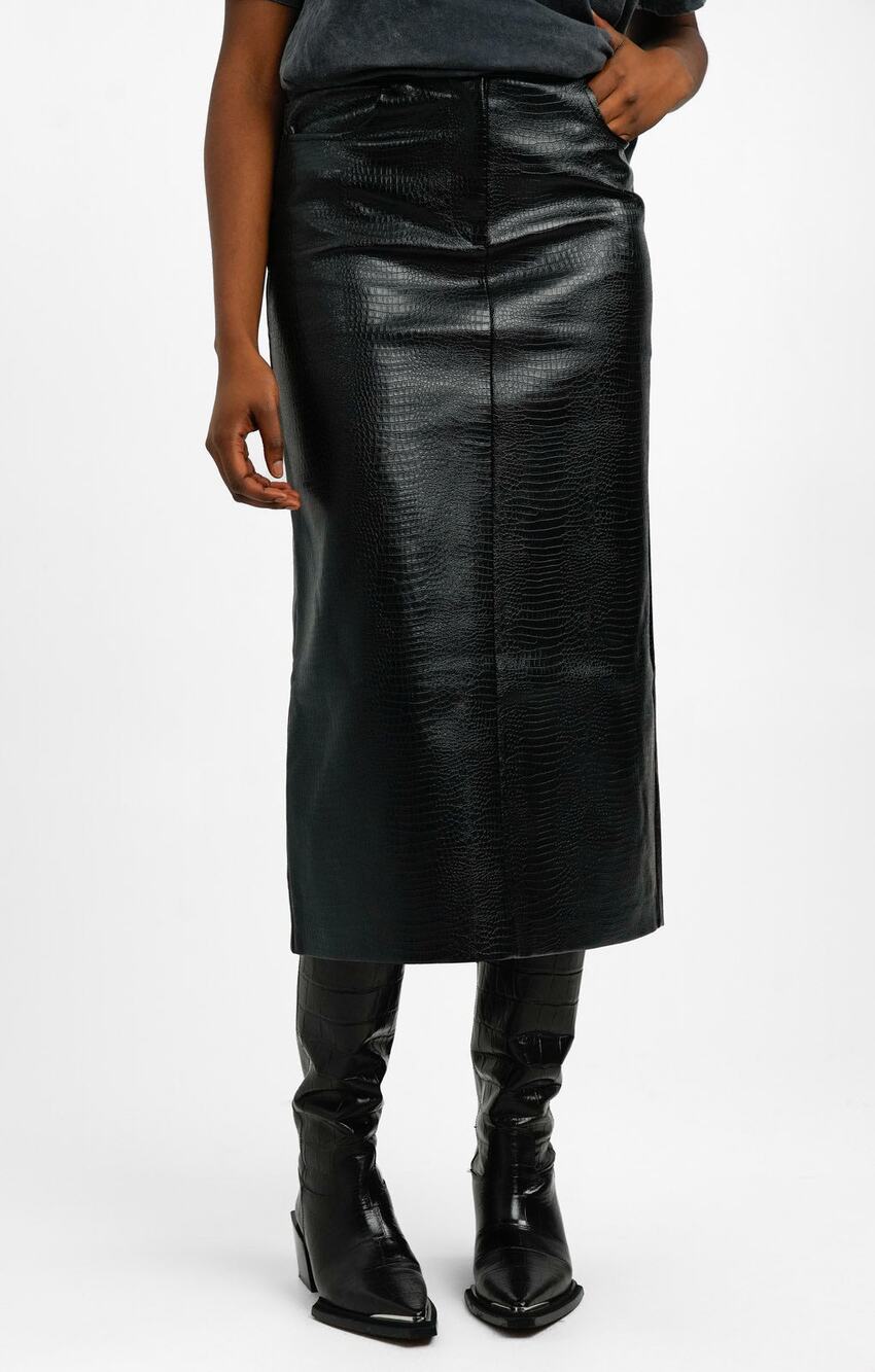 Topshop Black Faux Snakeskin Midi Skirt w/ Pockets + Front Zipper Closure